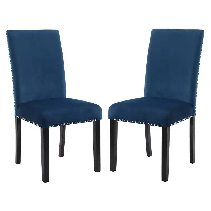 Sedie da pranzo Parsons in velluto con borchie cromate, set da 2, blu, gambe in legno di caucciù color espresso