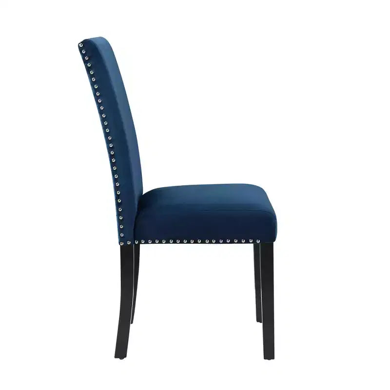 Sedie da pranzo Parsons in velluto con borchie cromate, set da 2, blu, gambe in legno di caucciù color espresso