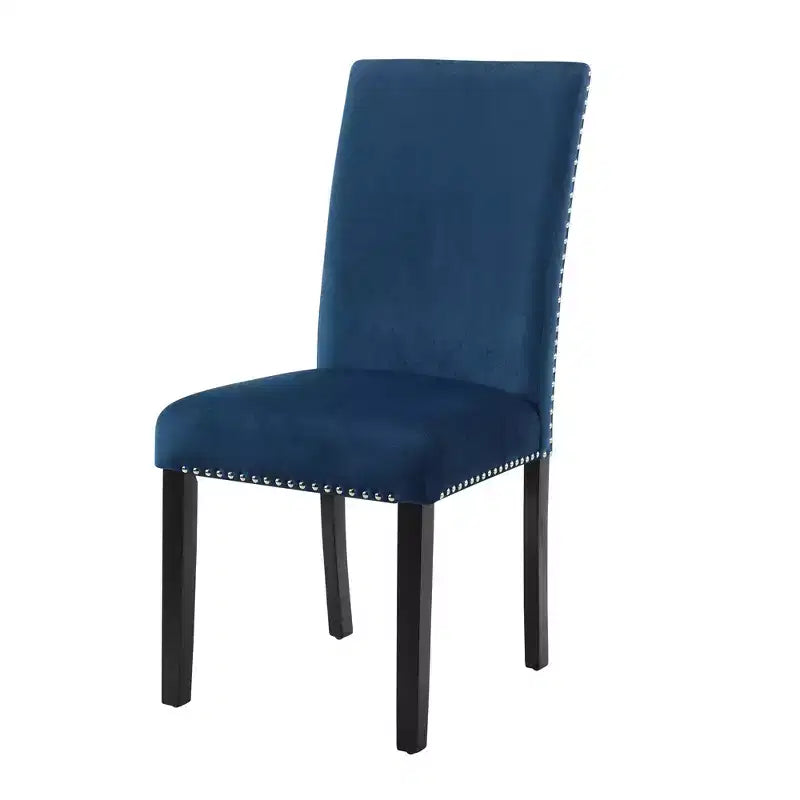Sedie da pranzo Parsons in velluto con borchie cromate, set da 2, blu, gambe in legno di caucciù color espresso