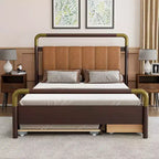 Letto matrimoniale con contenitore a piattaforma e 2 grandi cassetti, letto estraibile T-XL e schienale imbottito in PU, bianco/noce-ModernLuxe