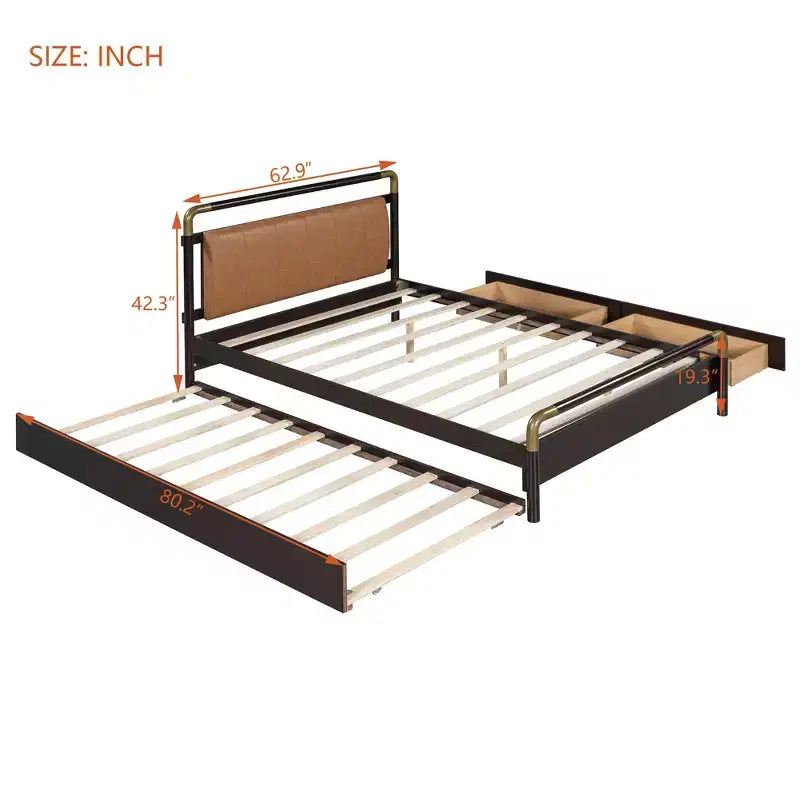 Letto matrimoniale con contenitore a piattaforma e 2 grandi cassetti, letto estraibile T-XL e schienale imbottito in PU, bianco/noce-ModernLuxe