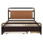 Letto matrimoniale con contenitore a piattaforma e 2 grandi cassetti, letto estraibile T-XL e schienale imbottito in PU, bianco/noce-ModernLuxe