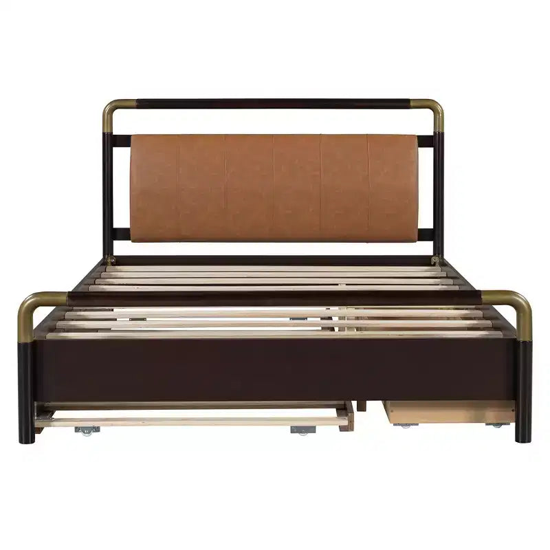 Letto matrimoniale con contenitore a piattaforma e 2 grandi cassetti, letto estraibile T-XL e schienale imbottito in PU, bianco/noce-ModernLuxe