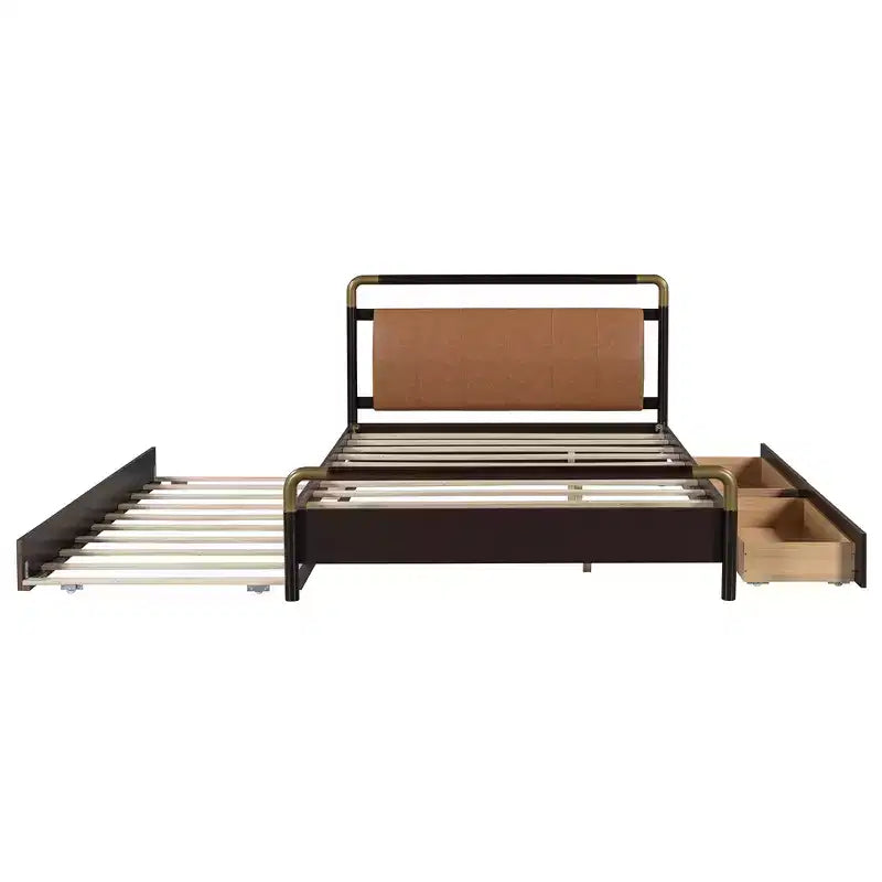 Letto matrimoniale con contenitore a piattaforma e 2 grandi cassetti, letto estraibile T-XL e schienale imbottito in PU, bianco/noce-ModernLuxe