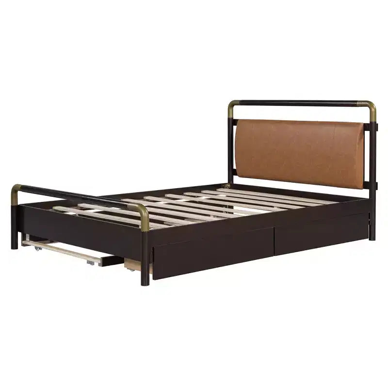 Letto matrimoniale con contenitore a piattaforma e 2 grandi cassetti, letto estraibile T-XL e schienale imbottito in PU, bianco/noce-ModernLuxe