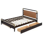 Letto matrimoniale con contenitore a piattaforma e 2 grandi cassetti, letto estraibile T-XL e schienale imbottito in PU, bianco/noce-ModernLuxe