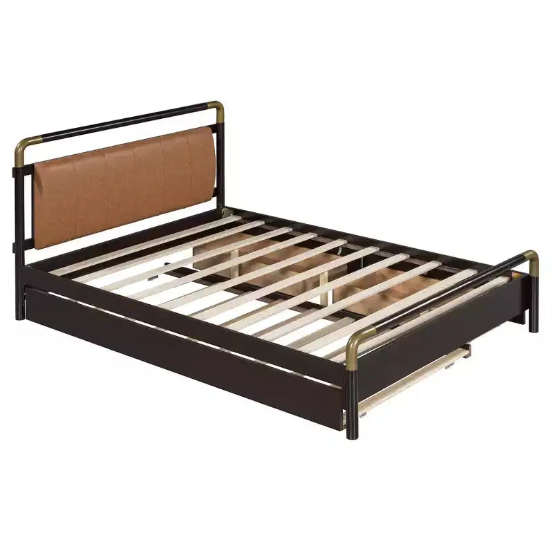 Letto matrimoniale con contenitore a piattaforma e 2 grandi cassetti, letto estraibile T-XL e schienale imbottito in PU, bianco/noce-ModernLuxe