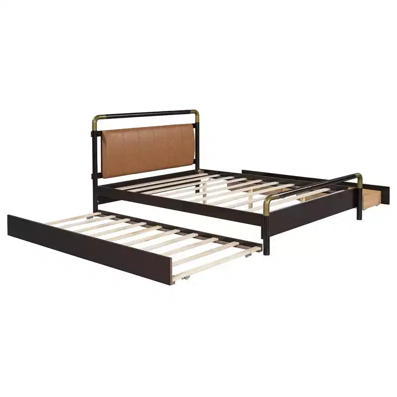 Letto matrimoniale con contenitore a piattaforma e 2 grandi cassetti, letto estraibile T-XL e schienale imbottito in PU, bianco/noce-ModernLuxe