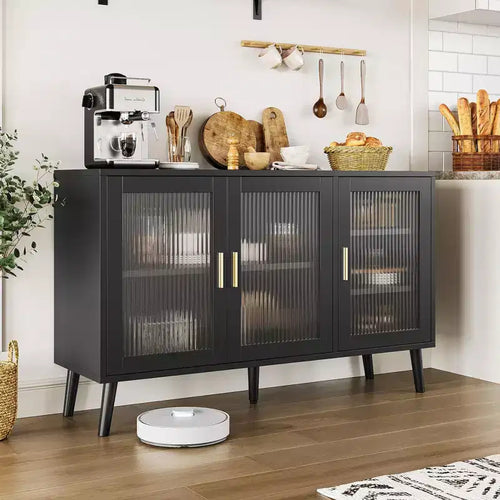 Sideboard Buffet Cabinet, 47.6 Black Buffet Cabinet, Modern Sideboard Kitchen Cabinet with Glass Door and Removable Shelves