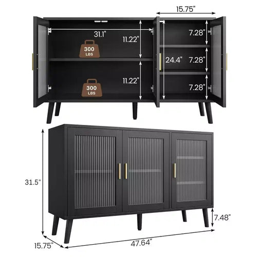 Madia Nera da 120 cm, Ante in Vetro Scanalato, 3 Ripiani Regolabili, Gambe in Metallo, Pannello da 15 mm