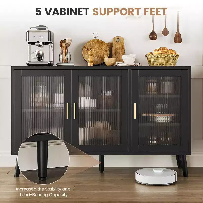 Madia Nera da 120 cm, Ante in Vetro Scanalato, 3 Ripiani Regolabili, Gambe in Metallo, Pannello da 15 mm