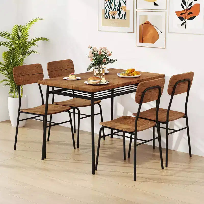 Set da pranzo industriale da 5 pezzi con 4 sedie e ripiano portaoggetti, nero e marrone