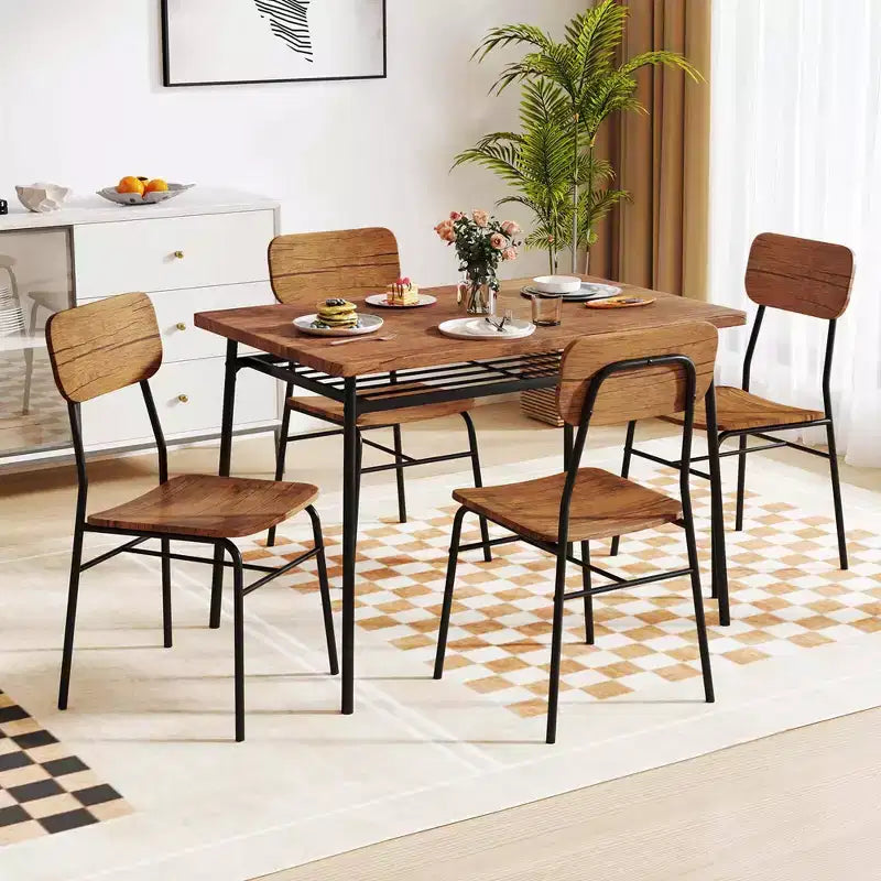 Set da pranzo industriale da 5 pezzi con 4 sedie e ripiano portaoggetti, nero e marrone