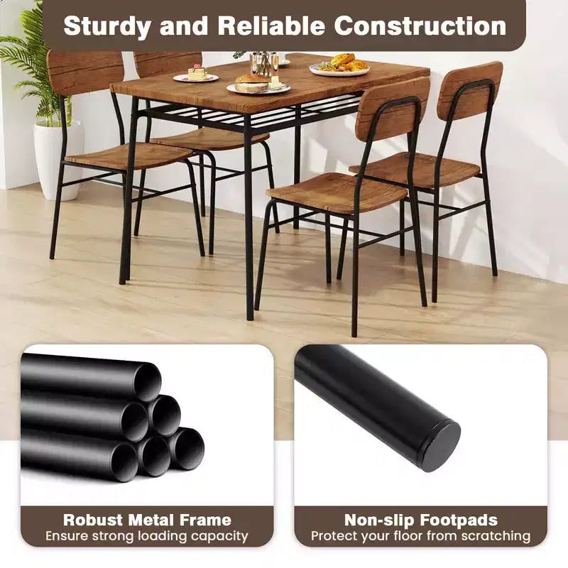 Set da pranzo industriale da 5 pezzi con 4 sedie e ripiano portaoggetti, nero e marrone