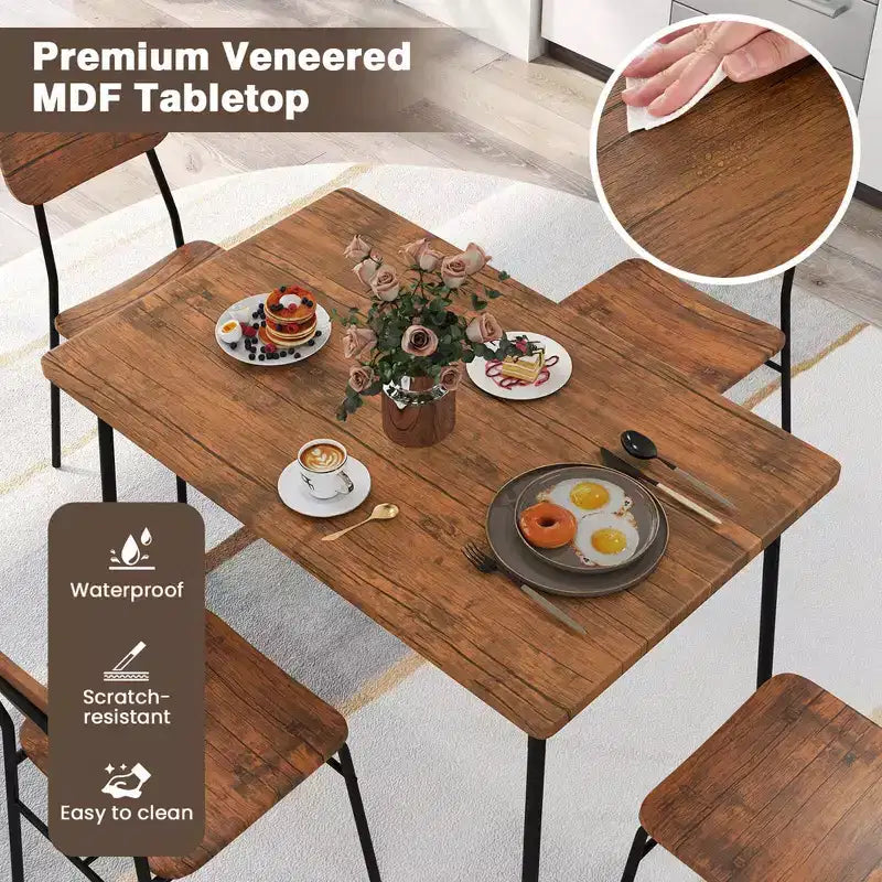 Set da pranzo industriale da 5 pezzi con 4 sedie e ripiano portaoggetti, nero e marrone
