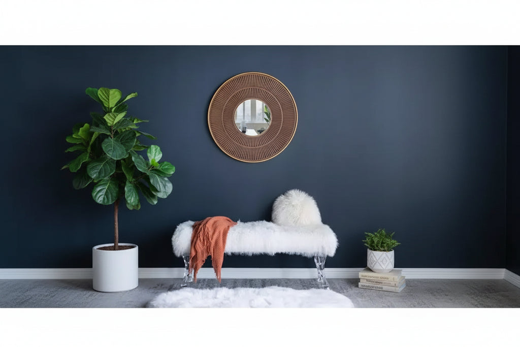 31.5 Inch Round Wooden Wall Mirror with Gold Iron Frame