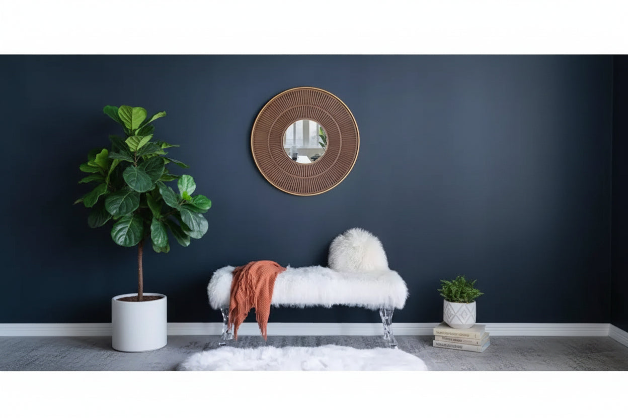 31.5 Inch Round Wooden Wall Mirror with Gold Iron Frame