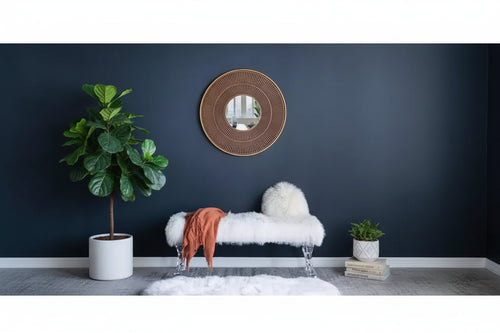 31.5 Inch Round Wooden Wall Mirror with Gold Iron Frame