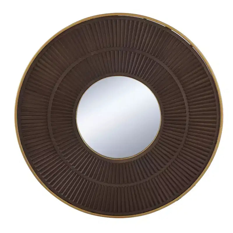 Specchio rotondo da parete 31,5", cornice in ferro dorato, bordo in legno marrone, motivo a pieghe, MDF e vetro
