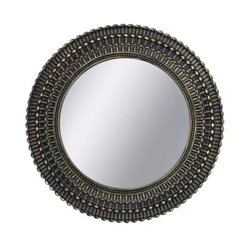 26.5 Inch Round Black and Gold Wooden Wall Mirror with Woven Texture