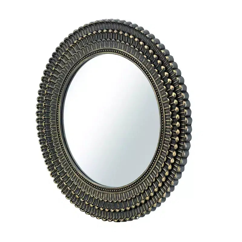 Specchio da parete rotondo da 67,3 cm, cornice con trama intrecciata nera e oro, MDF e vetro, riflesso cristallino