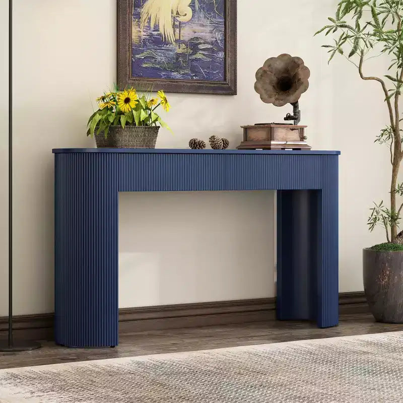 Tavolo consolle scanalato da 54" con 2 cassetti, piano ovale, gambe a colonna curve, moderno minimalista, blu