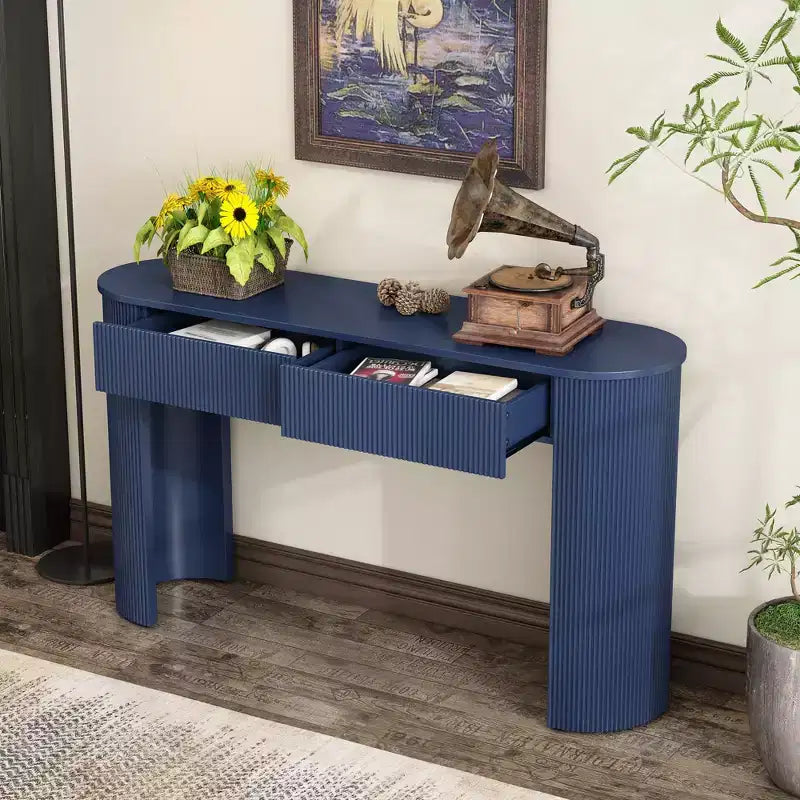 Tavolo consolle scanalato da 54" con 2 cassetti, piano ovale, gambe a colonna curve, moderno minimalista, blu