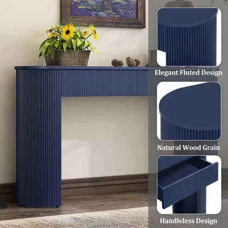 Tavolo consolle scanalato da 54" con 2 cassetti, piano ovale, gambe a colonna curve, moderno minimalista, blu