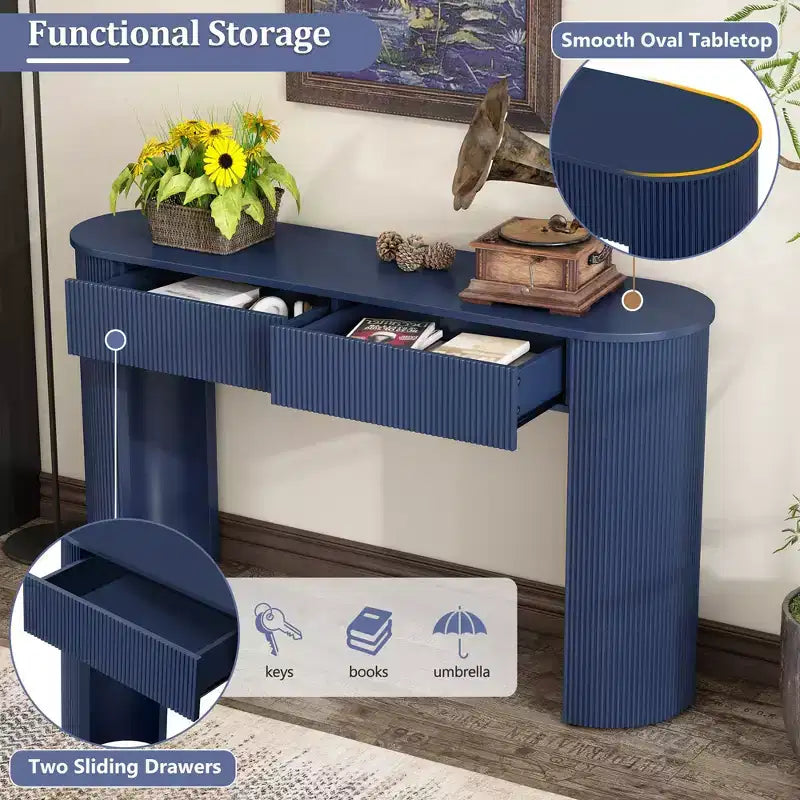 Tavolo consolle scanalato da 54" con 2 cassetti, piano ovale, gambe a colonna curve, moderno minimalista, blu