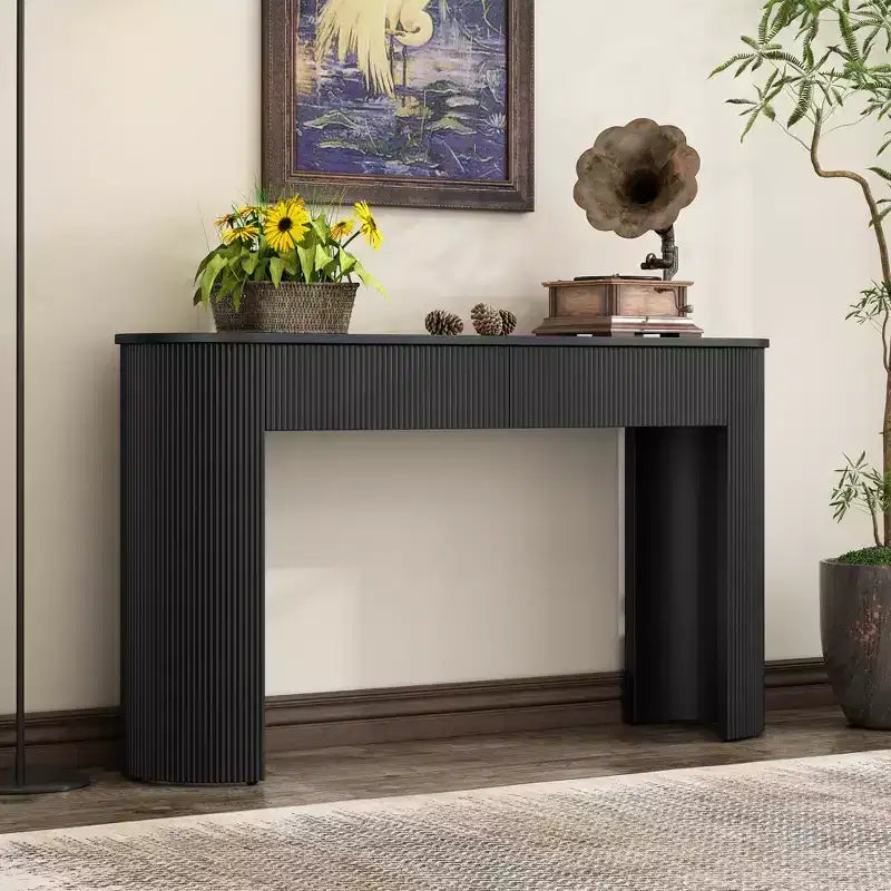 Tavolo consolle scanalato da 54" con 2 cassetti, piano ovale, gambe a colonna curve, moderno minimalista, blu