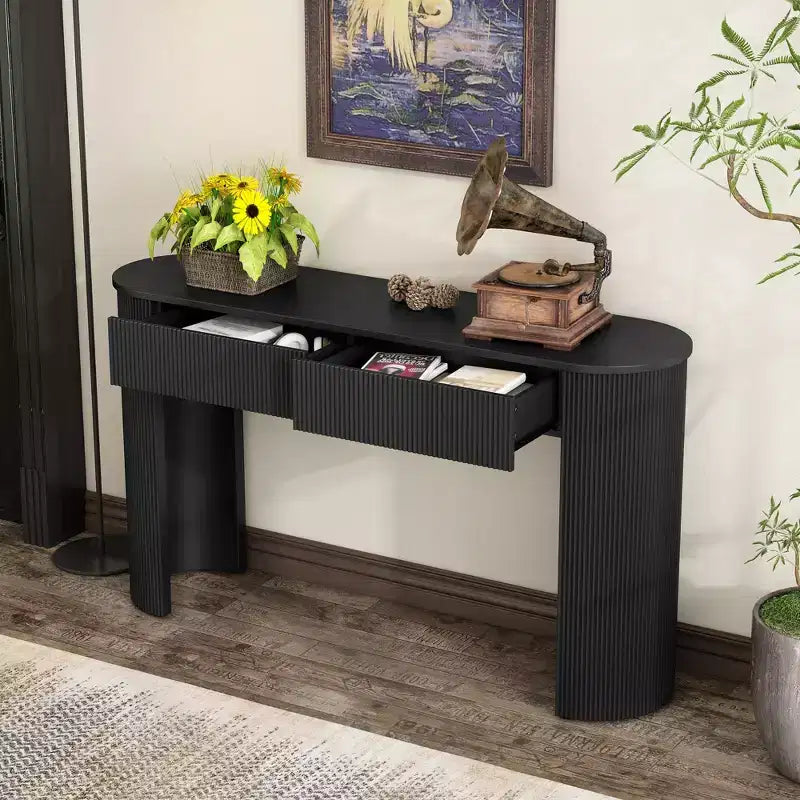 Tavolo consolle scanalato da 54" con 2 cassetti, piano ovale, gambe a colonna curve, moderno minimalista, blu
