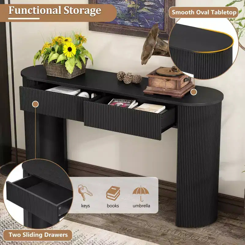 Tavolo consolle scanalato da 54" con 2 cassetti, piano ovale, gambe a colonna curve, moderno minimalista, blu