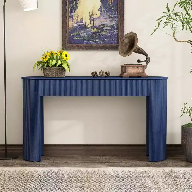 Tavolo consolle scanalato da 54" con 2 cassetti, piano ovale, gambe a colonna curve, moderno minimalista, blu