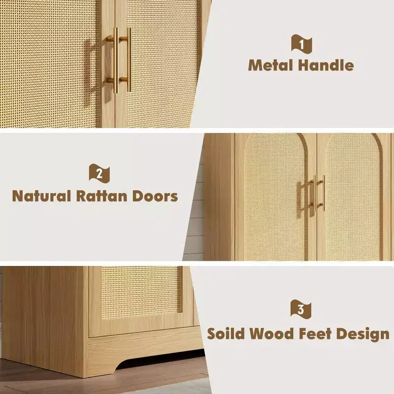 Madia Credenza con 2 Ante in Rattan, MDF, 2 Cassetti, Top 54 kg, Antiribaltamento