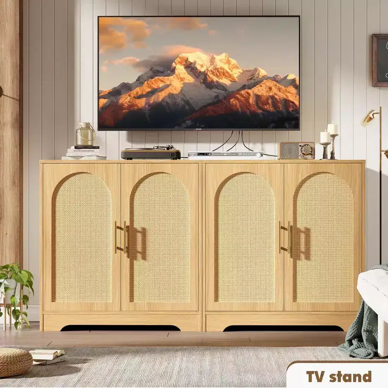 Madia Credenza con 2 Ante in Rattan, MDF, 2 Cassetti, Top 54 kg, Antiribaltamento