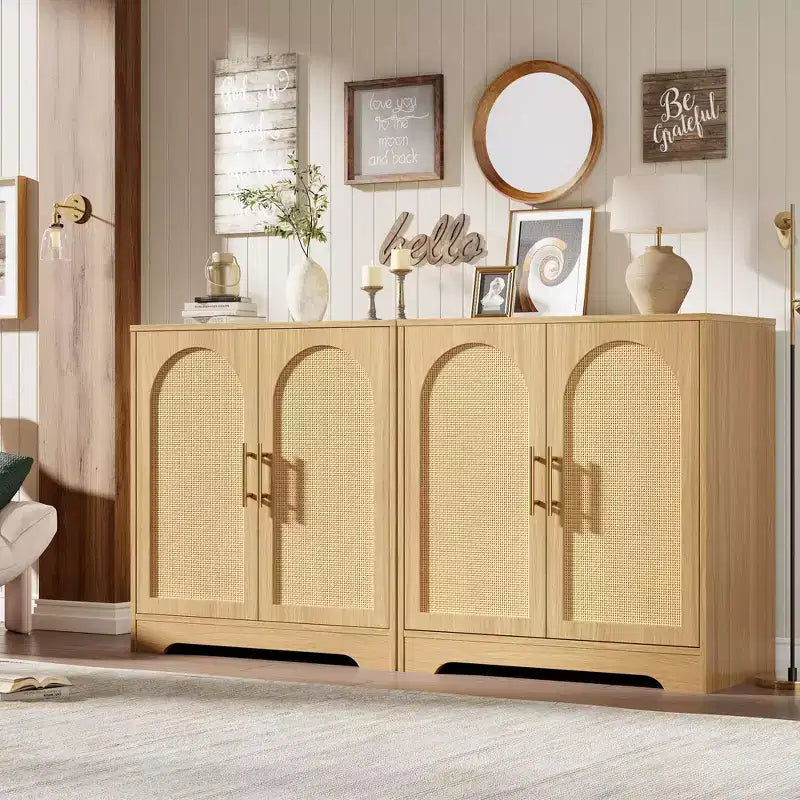 Madia Credenza con 2 Ante in Rattan, MDF, 2 Cassetti, Top 54 kg, Antiribaltamento