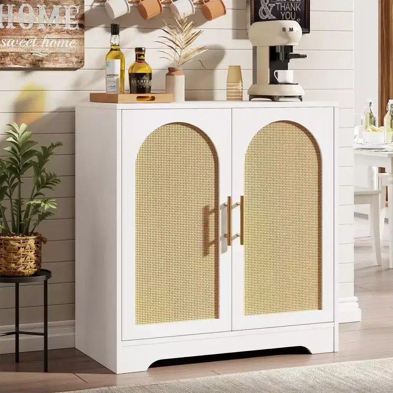 Madia Credenza con 2 Ante in Rattan, MDF, 2 Cassetti, Top 54 kg, Antiribaltamento