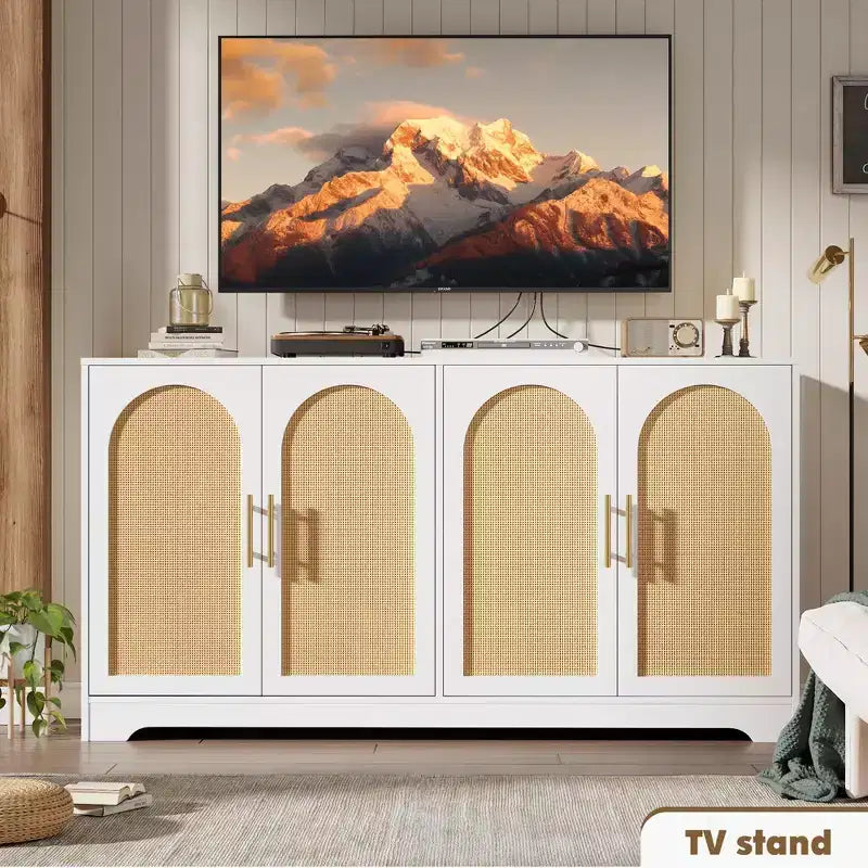 Madia Credenza con 2 Ante in Rattan, MDF, 2 Cassetti, Top 54 kg, Antiribaltamento