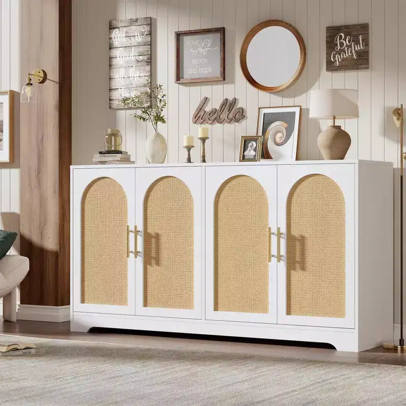 Madia Credenza con 2 Ante in Rattan, MDF, 2 Cassetti, Top 54 kg, Antiribaltamento
