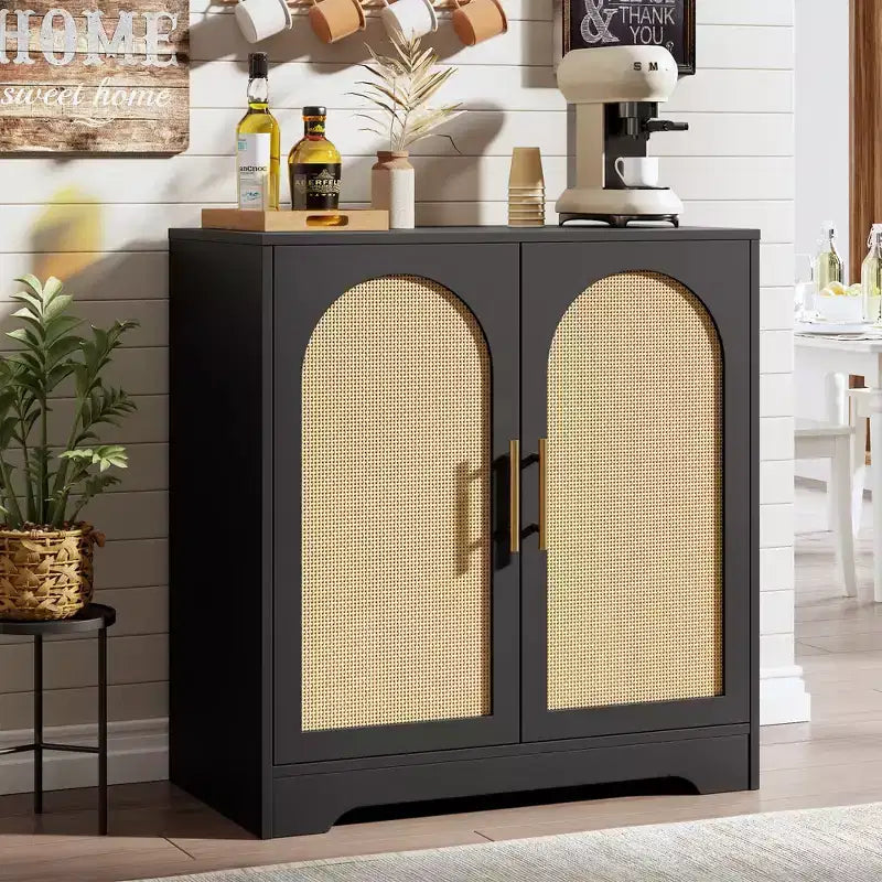 Madia Credenza con 2 Ante in Rattan, MDF, 2 Cassetti, Top 54 kg, Antiribaltamento