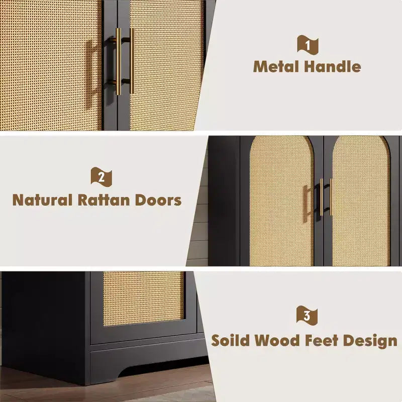 Madia Credenza con 2 Ante in Rattan, MDF, 2 Cassetti, Top 54 kg, Antiribaltamento