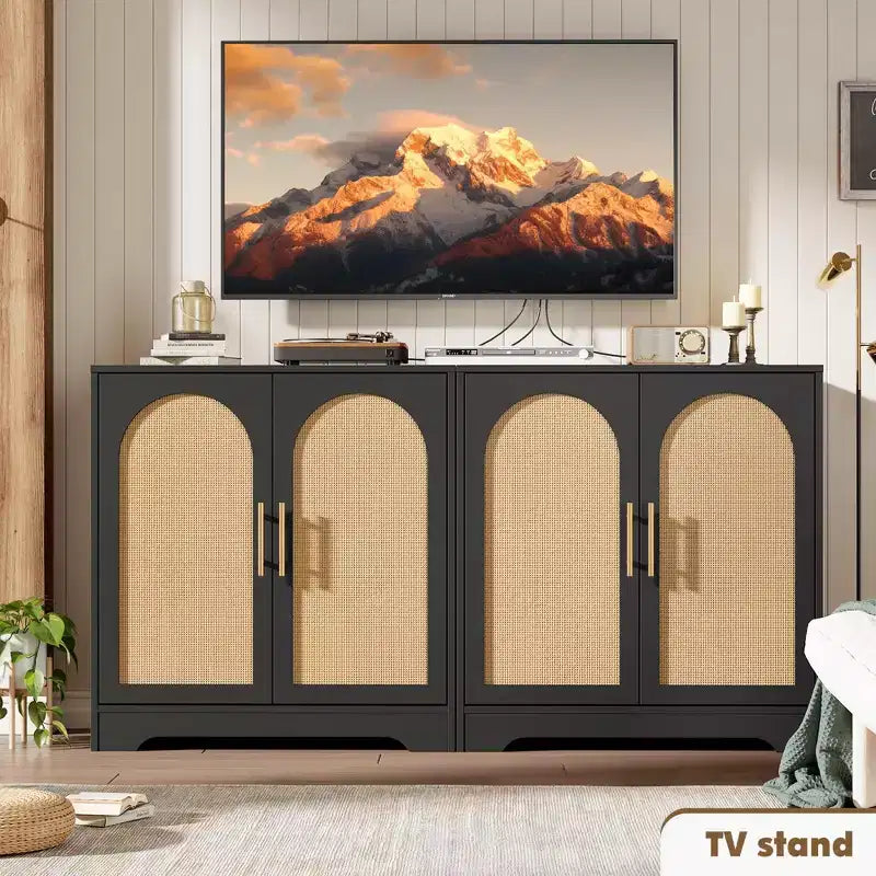 Madia Credenza con 2 Ante in Rattan, MDF, 2 Cassetti, Top 54 kg, Antiribaltamento