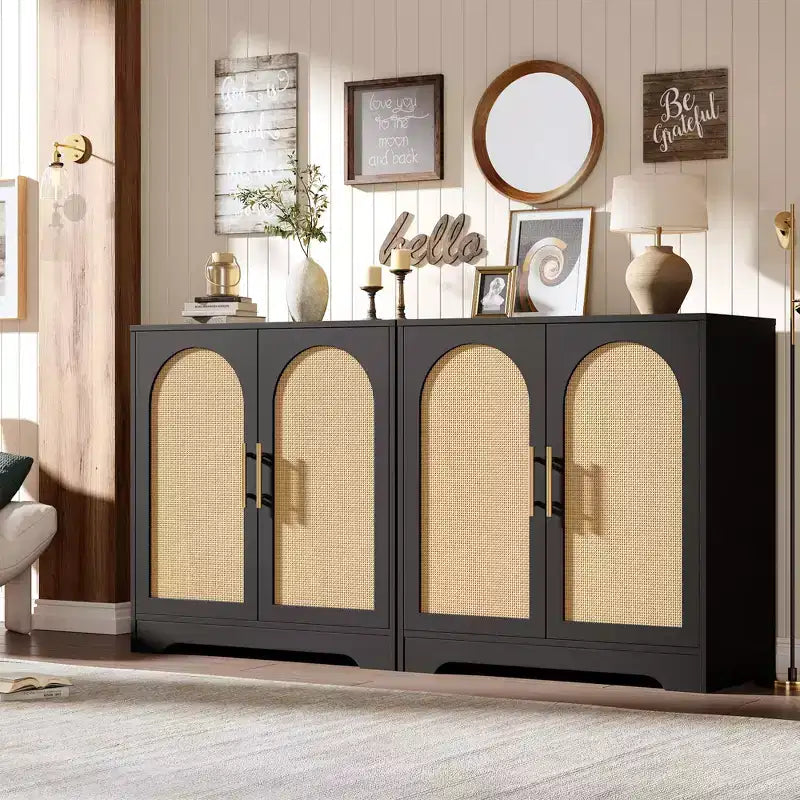 Madia Credenza con 2 Ante in Rattan, MDF, 2 Cassetti, Top 54 kg, Antiribaltamento