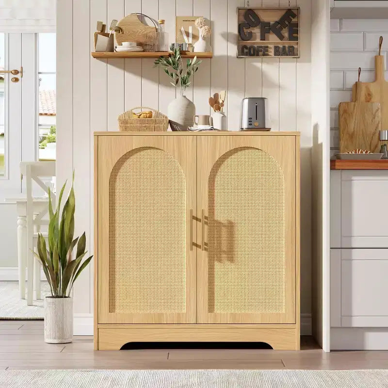 Madia Credenza con 2 Ante in Rattan, MDF, 2 Cassetti, Top 54 kg, Antiribaltamento