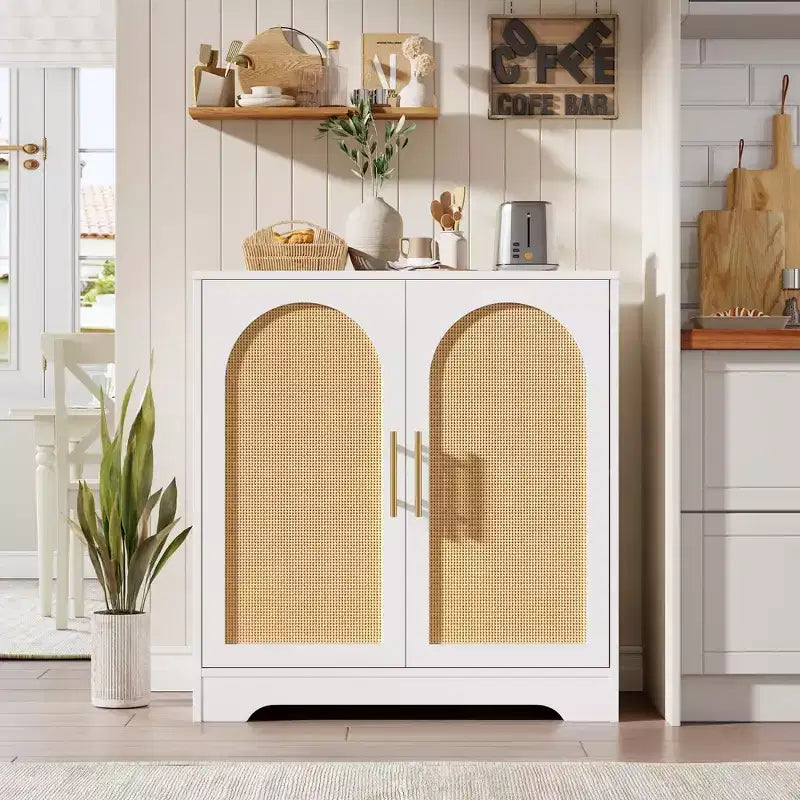 Madia Credenza con 2 Ante in Rattan, MDF, 2 Cassetti, Top 54 kg, Antiribaltamento