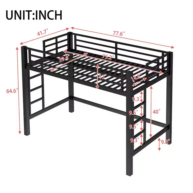 Struttura letto a soppalco in metallo, singolo/matrimoniale/queen-size, doppia scaletta, sponde di protezione a tutta lunghezza, 158 kg, nero