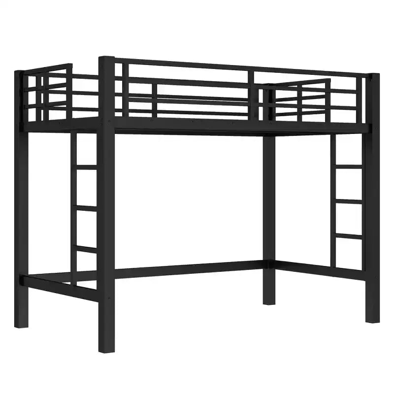 Struttura letto a soppalco in metallo, singolo/matrimoniale/queen-size, doppia scaletta, sponde di protezione a tutta lunghezza, 158 kg, nero