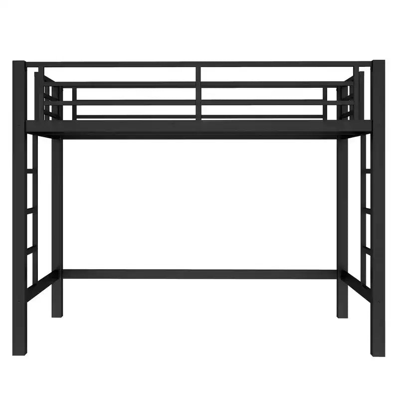 Struttura letto a soppalco in metallo, singolo/matrimoniale/queen-size, doppia scaletta, sponde di protezione a tutta lunghezza, 158 kg, nero