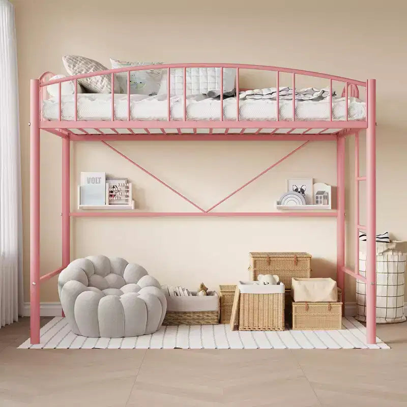 Struttura per letto a soppalco in metallo, misura singola, rosa, 158 kg, ringhiera ad arco, staffe antiribaltamento, salvaspazio
