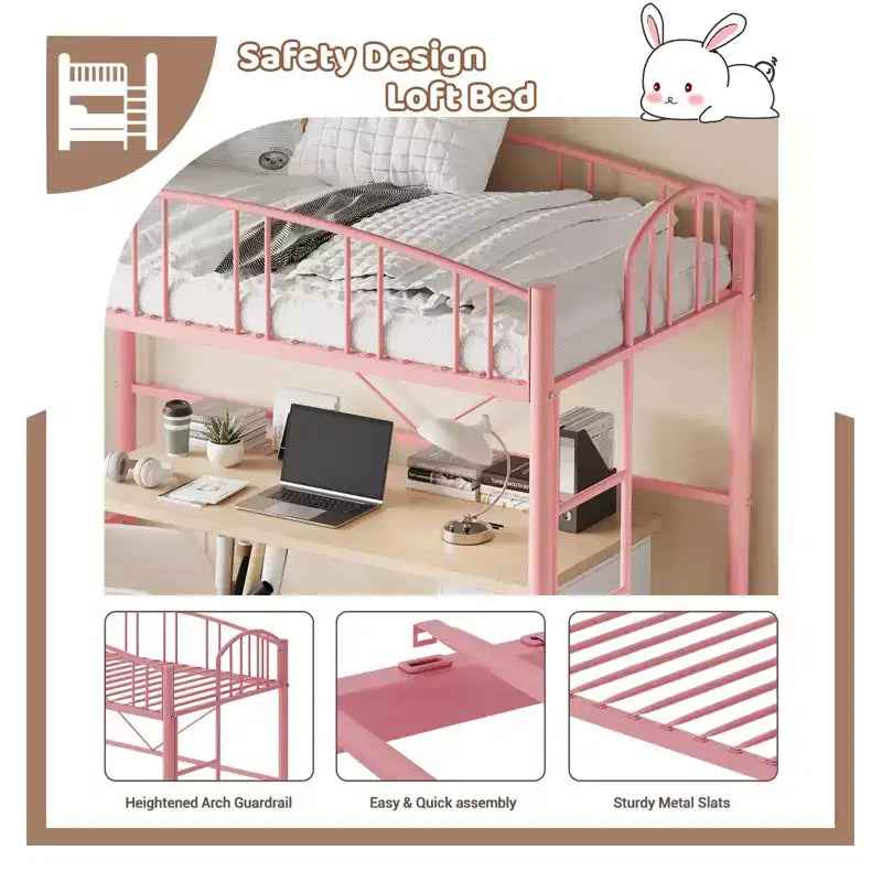 Struttura per letto a soppalco in metallo, misura singola, rosa, 158 kg, ringhiera ad arco, staffe antiribaltamento, salvaspazio